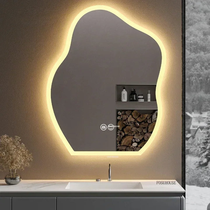 Pebble Irregular Backlit LED Smart Mirror - product detail view 3 by LUMEVORO