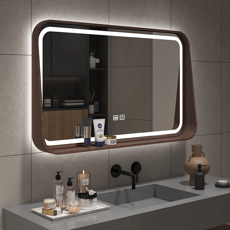 Oslo Walnut Wood Frame Smart LED Mirror with Shelf - main product view by LUMEVORO