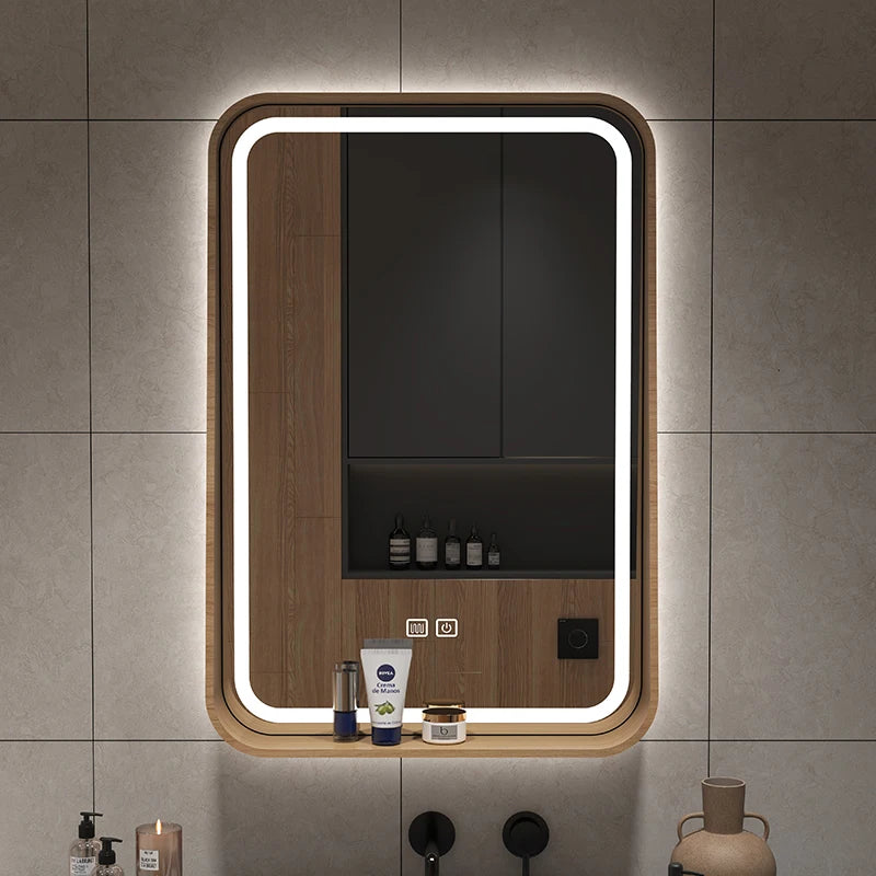Oslo Walnut Wood Frame Smart LED Mirror with Shelf - product detail view 5 by LUMEVORO