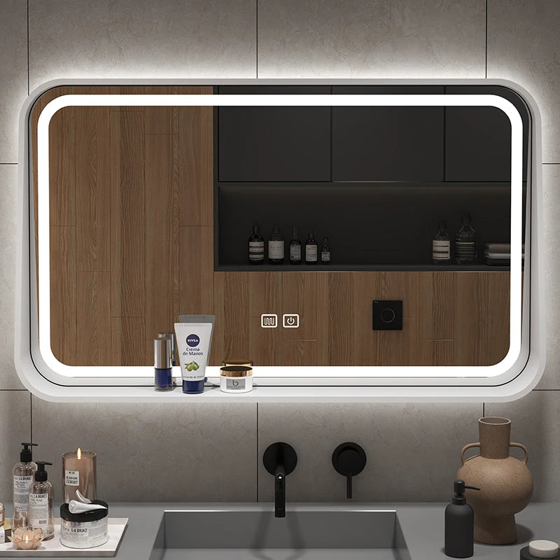 Oslo Walnut Wood Frame Smart LED Mirror with Shelf - product detail view 4 by LUMEVORO