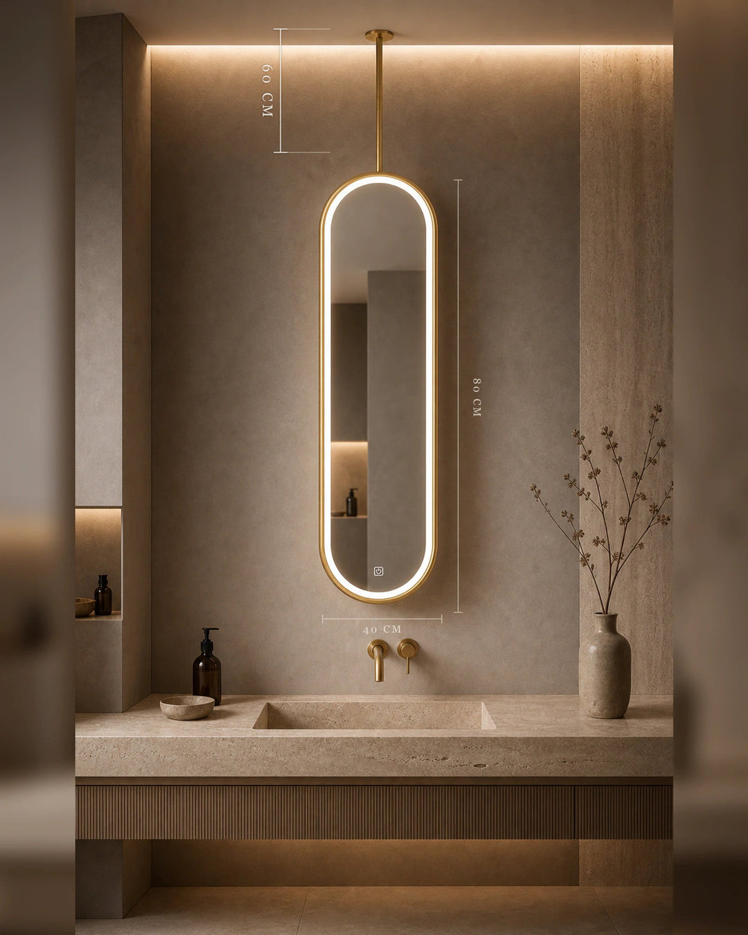 Horizon 40x80 cm Gold ceiling-mounted mirror with standard 60 cm suspension rod dimensions