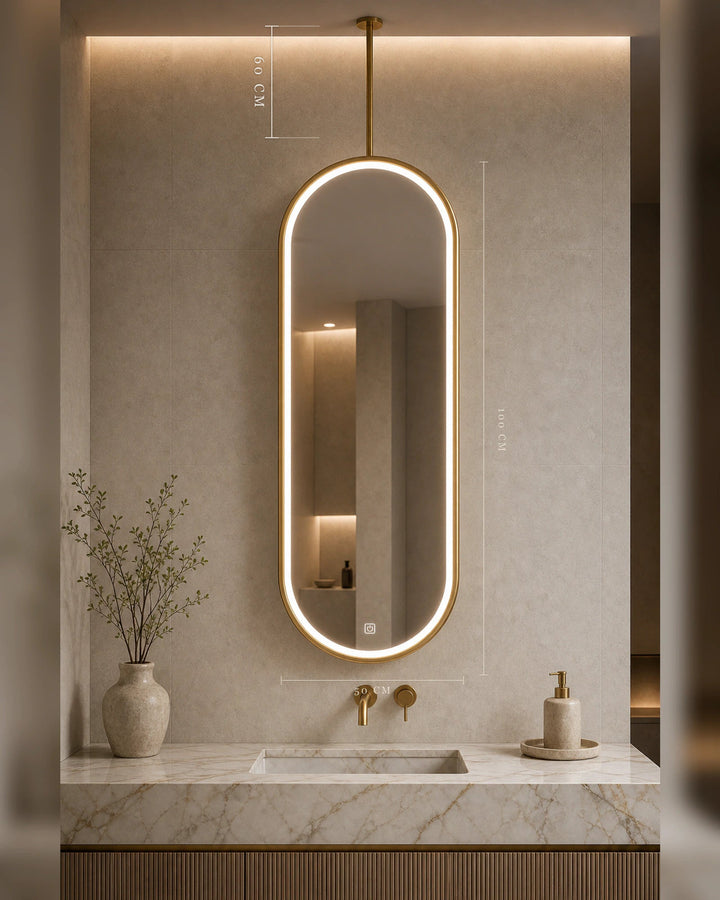 Horizon 50x100 cm Gold ceiling-mounted mirror with standard 60 cm suspension rod dimensions