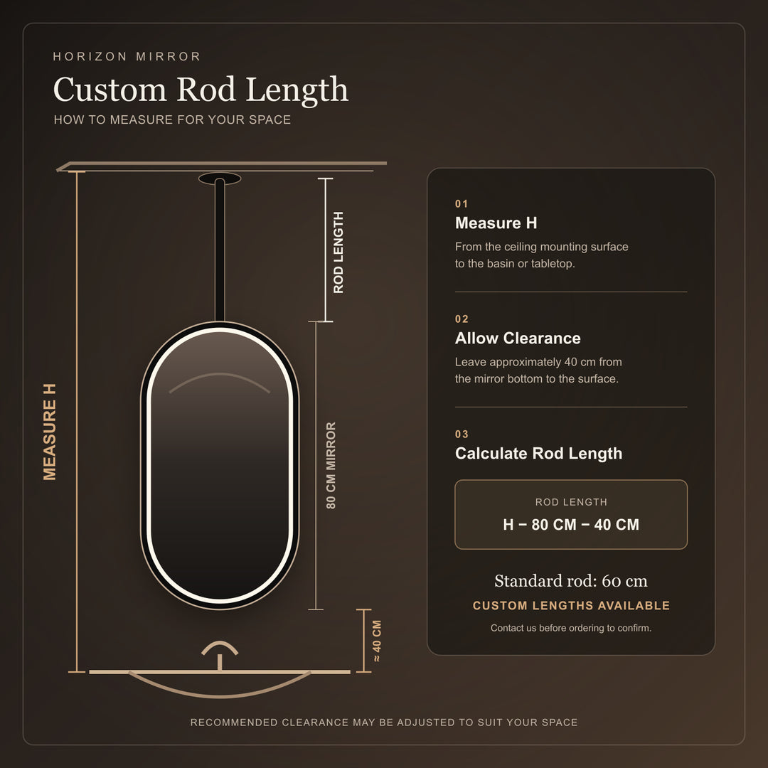 How to measure a custom suspension rod length for the Horizon 80 x 40 cm ceiling-mounted mirror