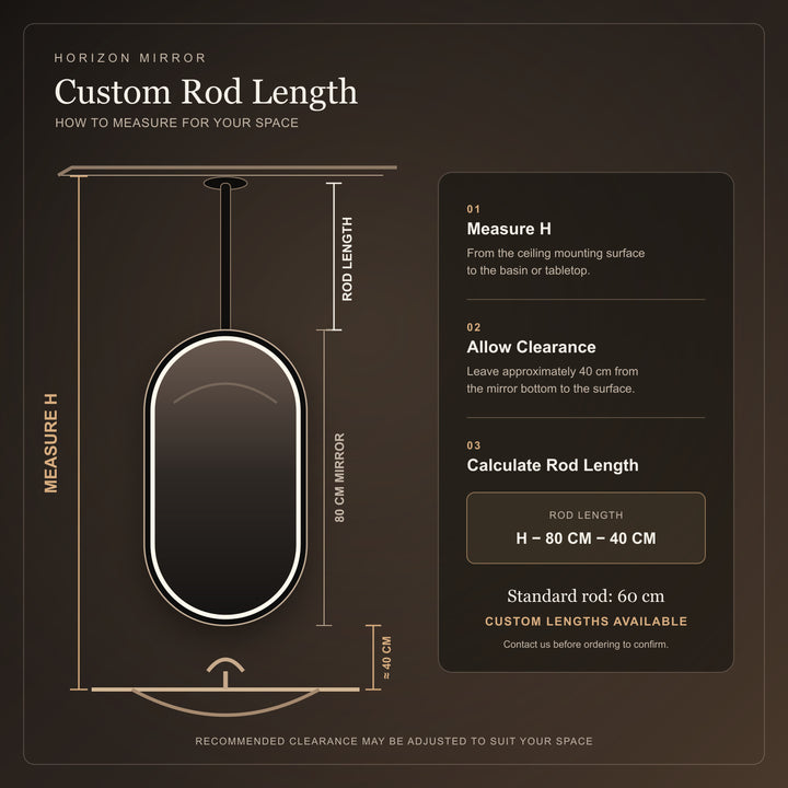How to measure a custom suspension rod length for the Horizon 80 x 40 cm ceiling-mounted mirror
