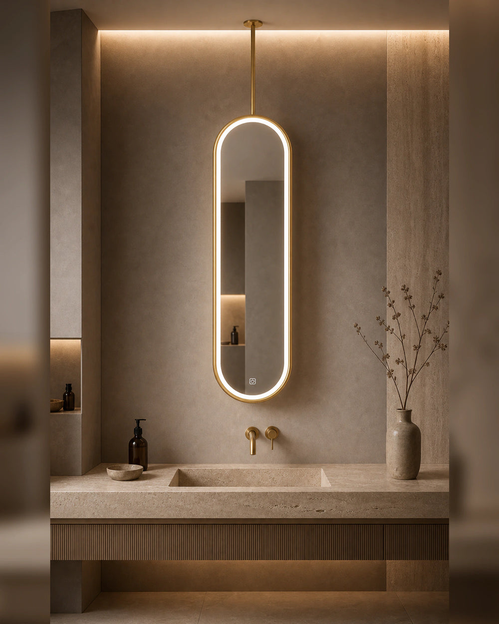 LUMEVORO Horizon ceiling-mounted suspended capsule LED bathroom mirror in Gold finish, bathroom scene