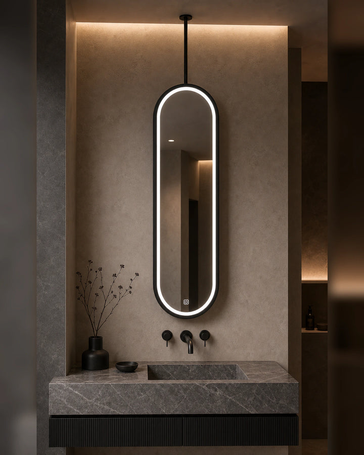 LUMEVORO Horizon ceiling-mounted suspended capsule LED bathroom mirror in Black finish, bathroom scene