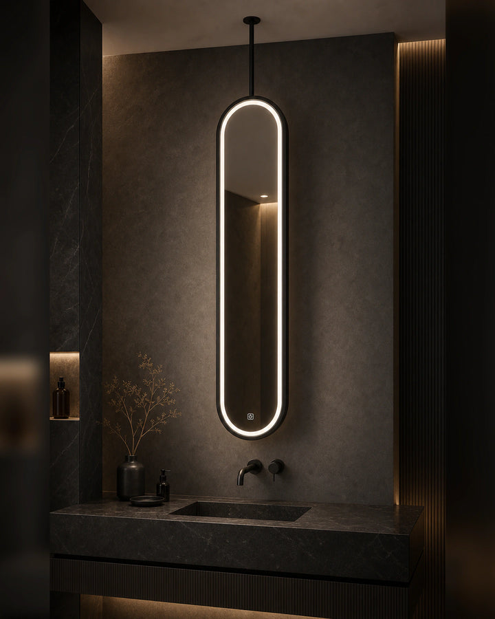 LUMEVORO Horizon ceiling-mounted suspended capsule LED bathroom mirror in Black finish, bathroom scene