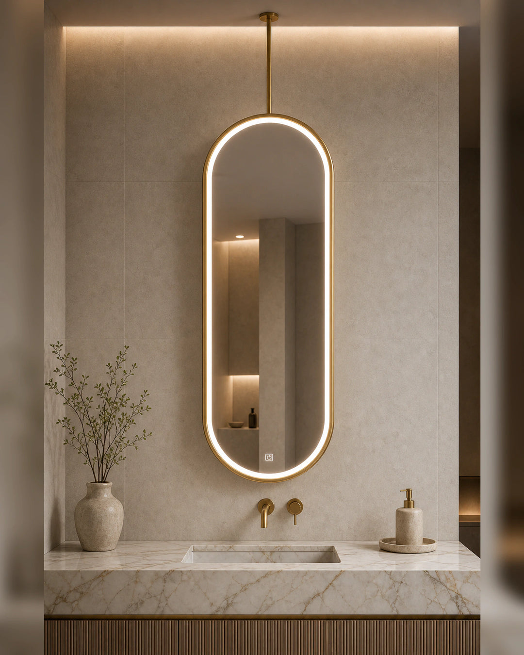 LUMEVORO Horizon ceiling-mounted suspended capsule LED bathroom mirror in Gold finish, tall bathroom scene