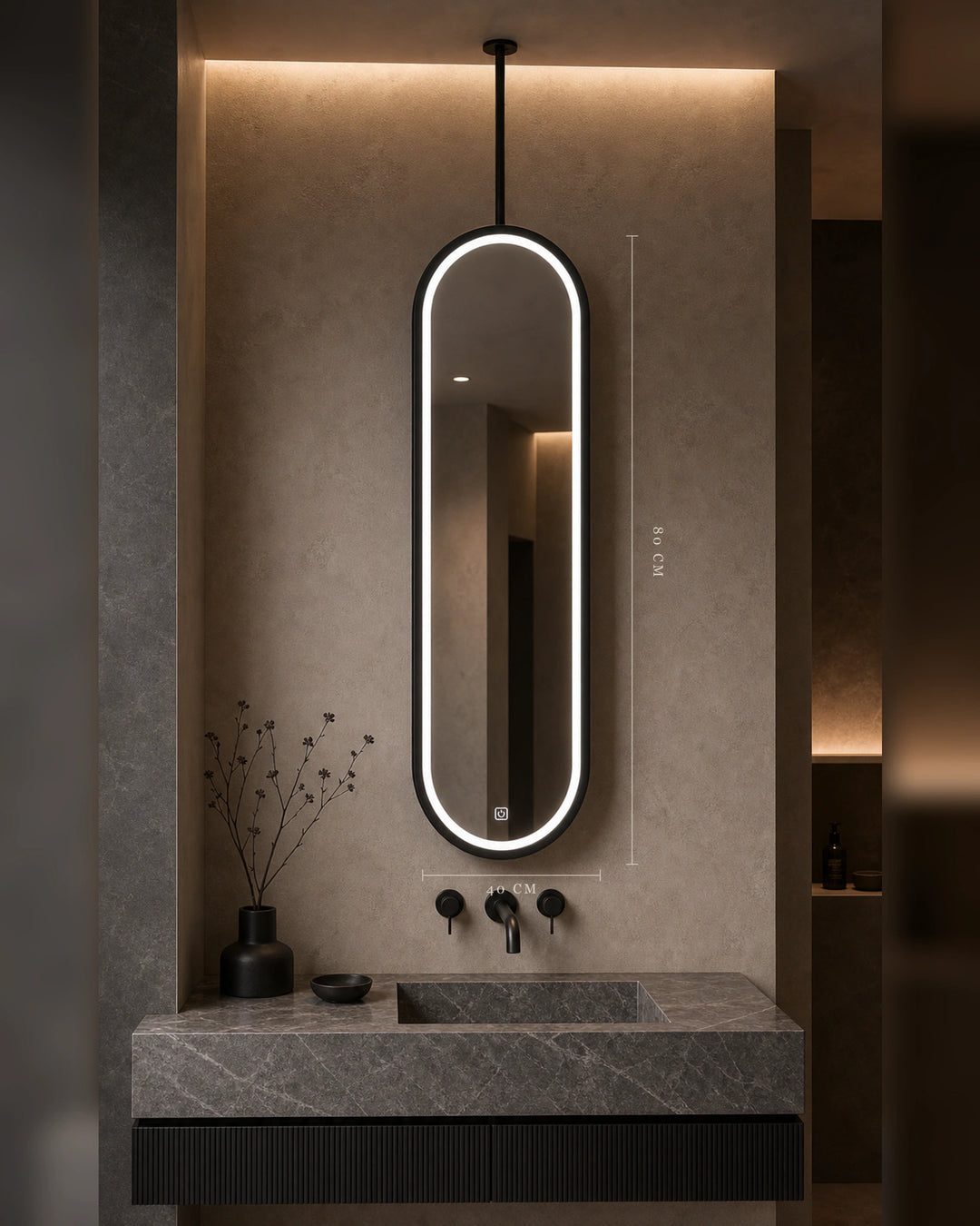 LUMEVORO Horizon ceiling-mounted suspended capsule LED bathroom mirror, 40x80cm Black finish