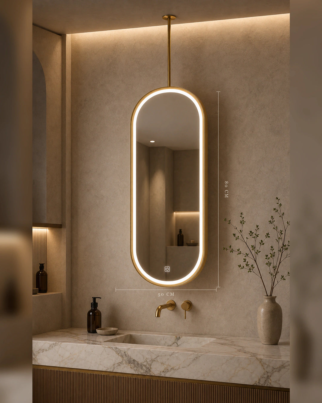 LUMEVORO Horizon ceiling-mounted suspended capsule LED bathroom mirror, 50x80cm Gold finish