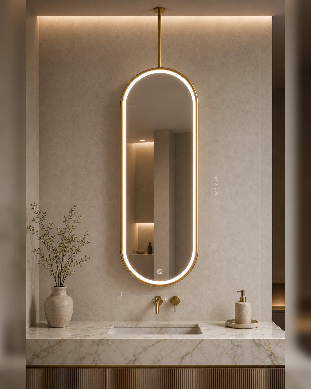 LUMEVORO Horizon ceiling-mounted suspended capsule LED bathroom mirror, 50x100cm Gold finish