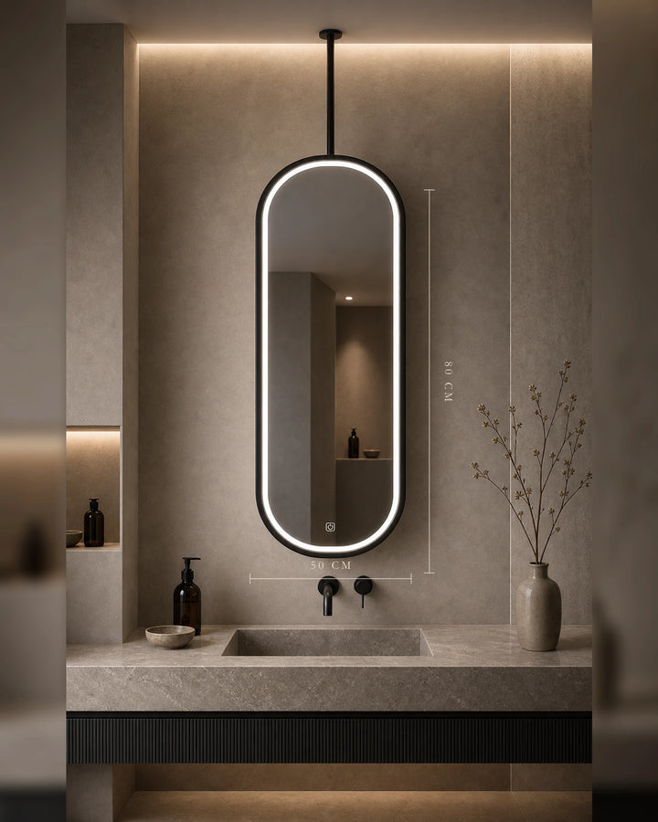 LUMEVORO Horizon ceiling-mounted suspended capsule LED bathroom mirror, 50x80cm Black finish