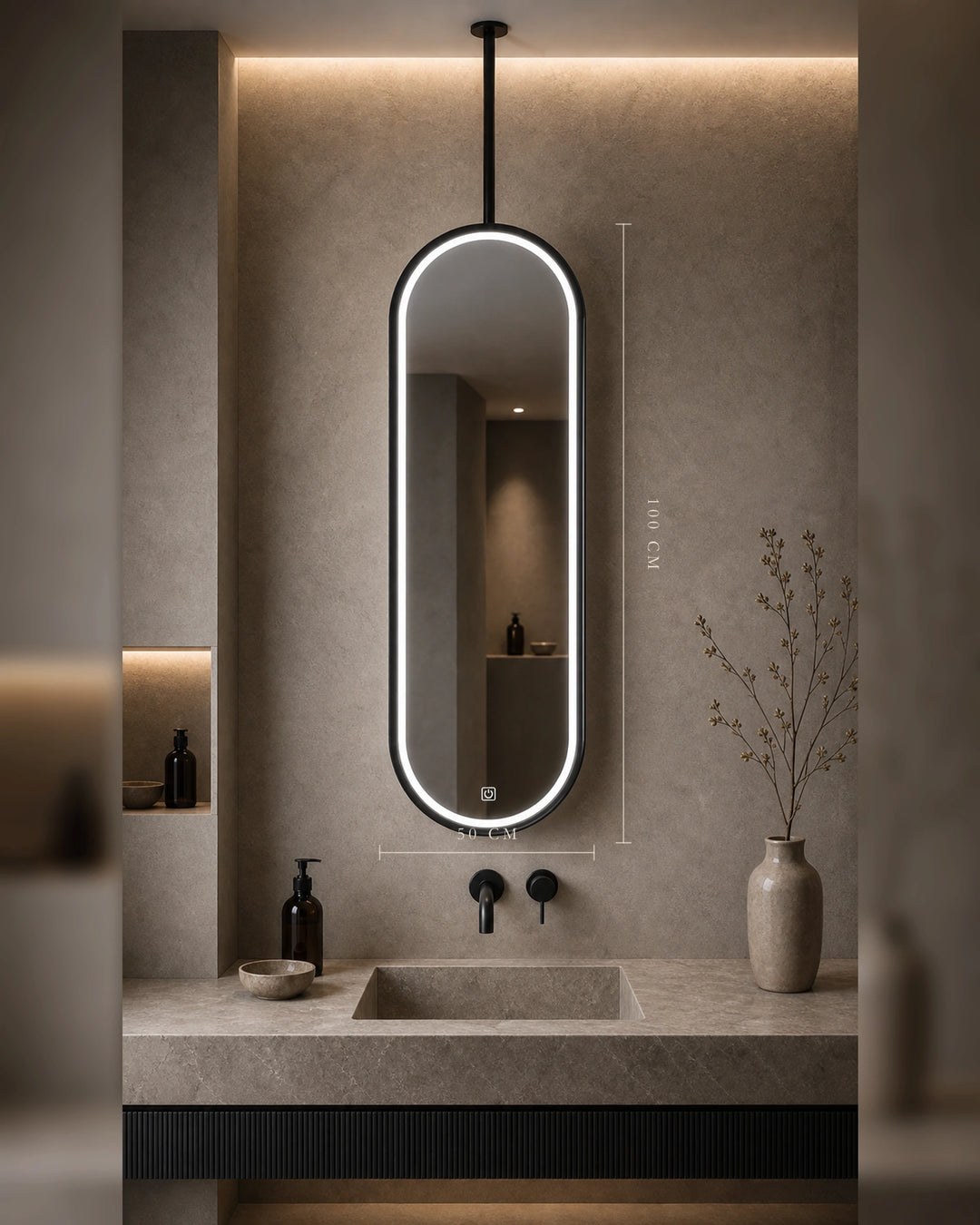 LUMEVORO Horizon ceiling-mounted suspended capsule LED bathroom mirror, 50x100cm Black finish