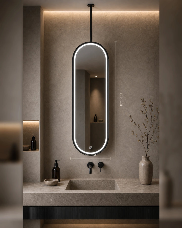 LUMEVORO Horizon ceiling-mounted suspended capsule LED bathroom mirror, 50x100cm Black finish