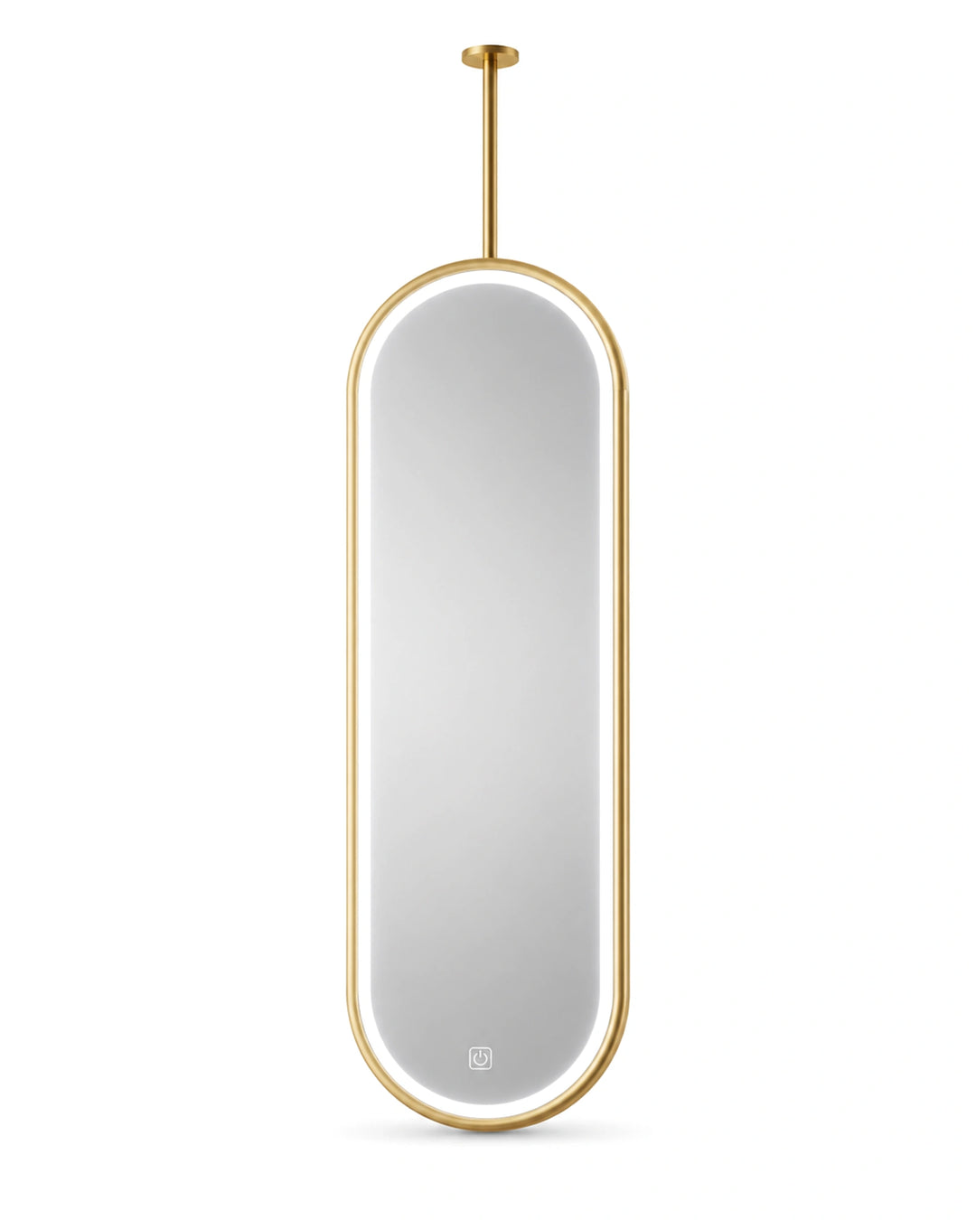 LUMEVORO Horizon ceiling-mounted suspended capsule LED bathroom mirror in Gold finish on white background