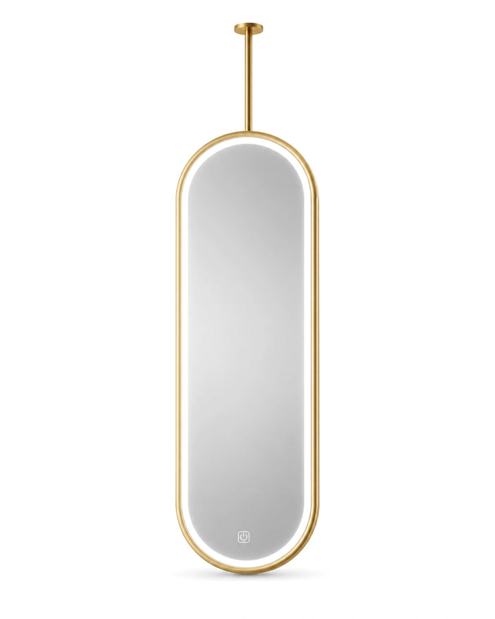LUMEVORO Horizon ceiling-mounted suspended capsule LED bathroom mirror in Gold finish on white background