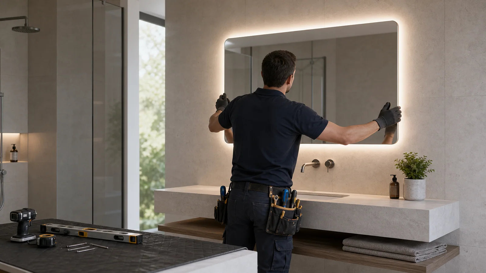 Installation Instructions single installation hero image for LUMEVORO LED mirrors