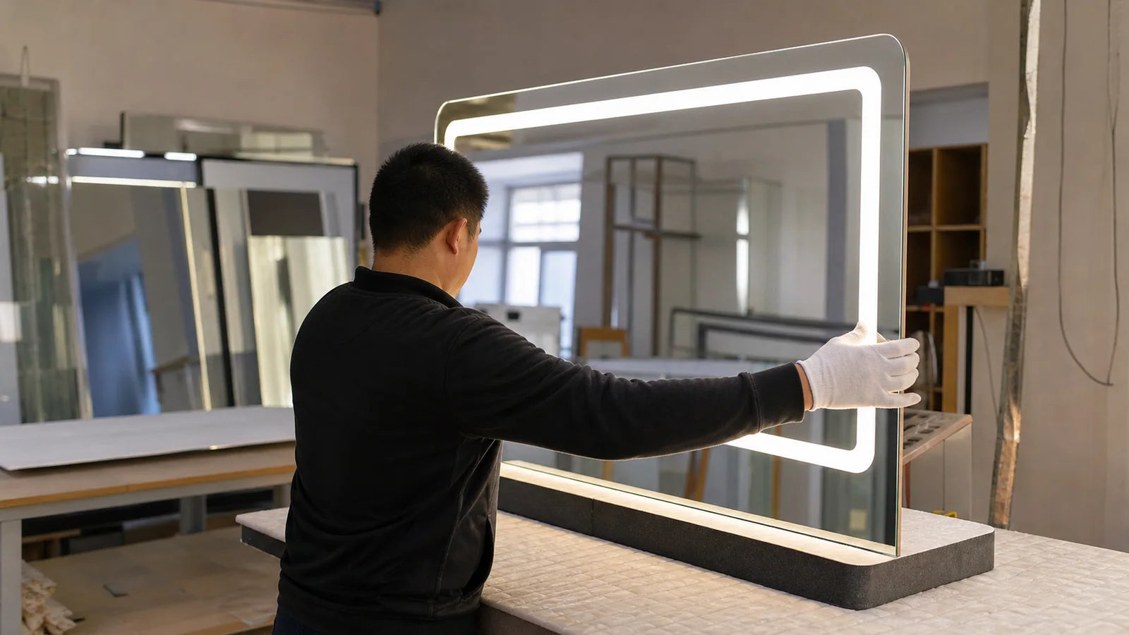 Production & Quality assembly/inspection lower images for LUMEVORO LED mirrors