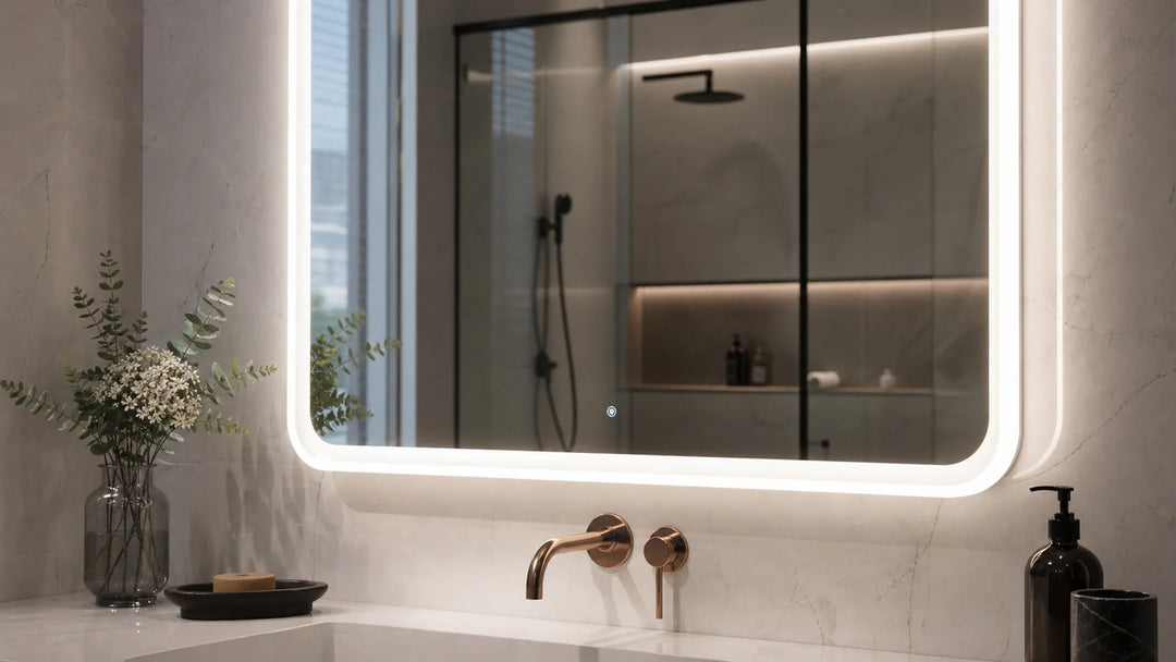 Technology feature-icon/grid rhythm translated into photo detail cards for LUMEVORO LED mirrors